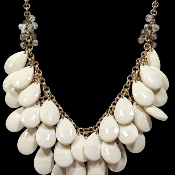White Teardrop Bib Acrylic Beaded Statement Necklace With Glass Accents - Picture 2 of 6